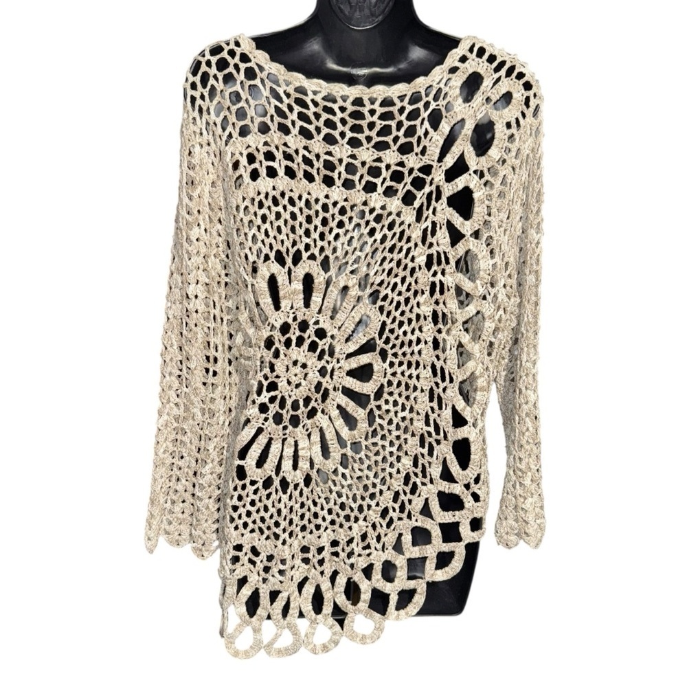 Crochet Open Knit Tunic Sweater Women’s Medium Beige Boho Beach Cover Up Top - Picture 2 of 4